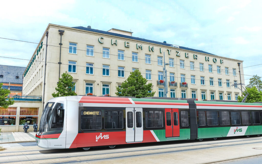 Fotomontage einer Regionalstadtbahn vor dem Hotel Chemnitzer Hof
