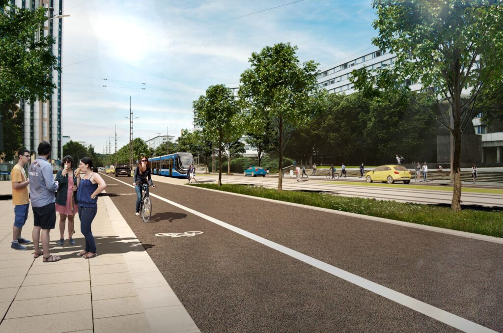 Fotomontage eines Fahrradwegs und einer Straßenbahnlinie an der Stadthalle