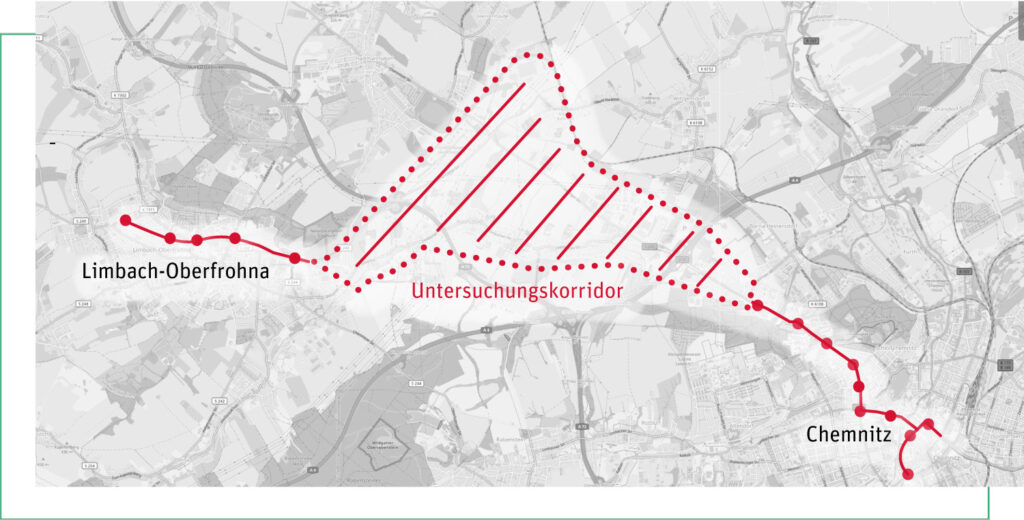 Schematische Darstellung möglicher Verbindungswege zwischen Chemnitz und Limbach-Oberfrohna