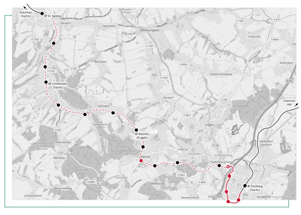 Kartendarstellung des möglichen Linienverlaufs Stollberg - Oelsnitz - St. Egidien