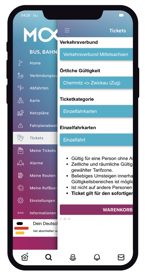 Screenshot der MOOVME-App auf einem Handybildschirm