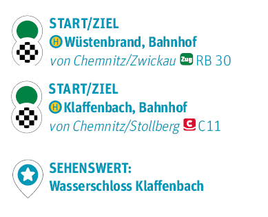 Text auf dem Bild: Start/Ziel: Wüstenbrand, Bahnhof von Chemnitz/Zwickau | RB 30 Start/Ziel: Klaffenbach, Bahnhof von Chemnitz/Stollberg | C11 Sehenswert: Wasserschloss Klaffenbach