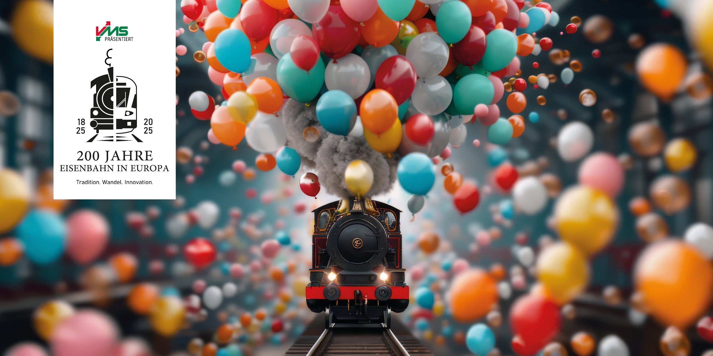 Dampflok, aus der viele bunte Luftballons kommen