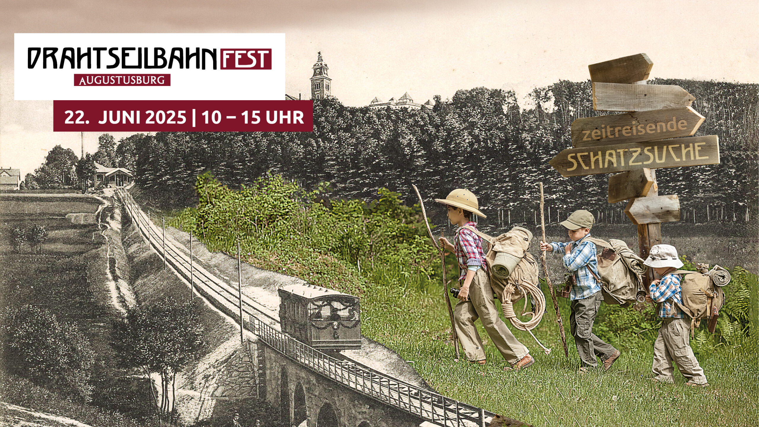 Poster zum Drahtseilbahnfest zeigt kleine Schatzsucher an der historischen Standseilbahn