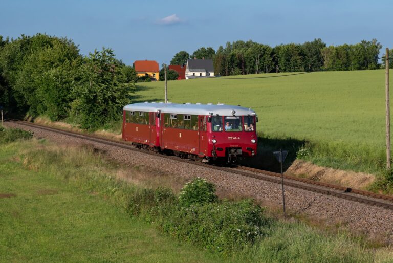 Bergstadtexpress Freiberg fährt über eine Wiese