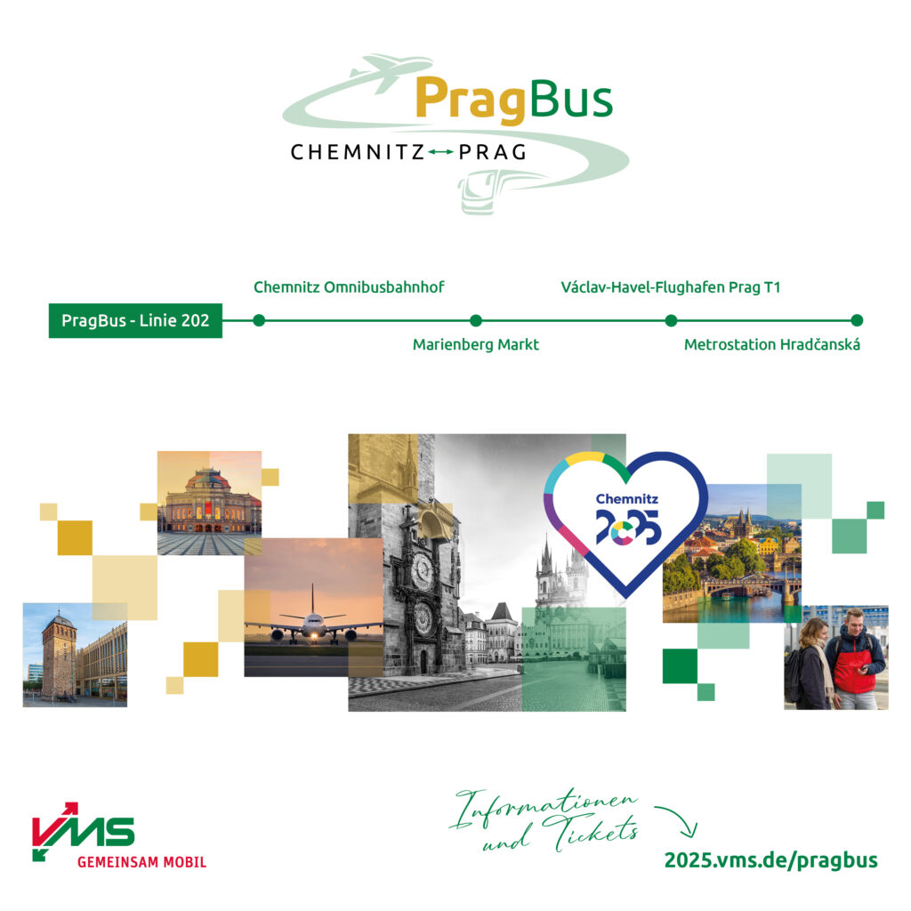 PragBus-Logo und Bildcollage mit Fotos von Chemnitz und Prag sowie Link zu 2025.vms.de