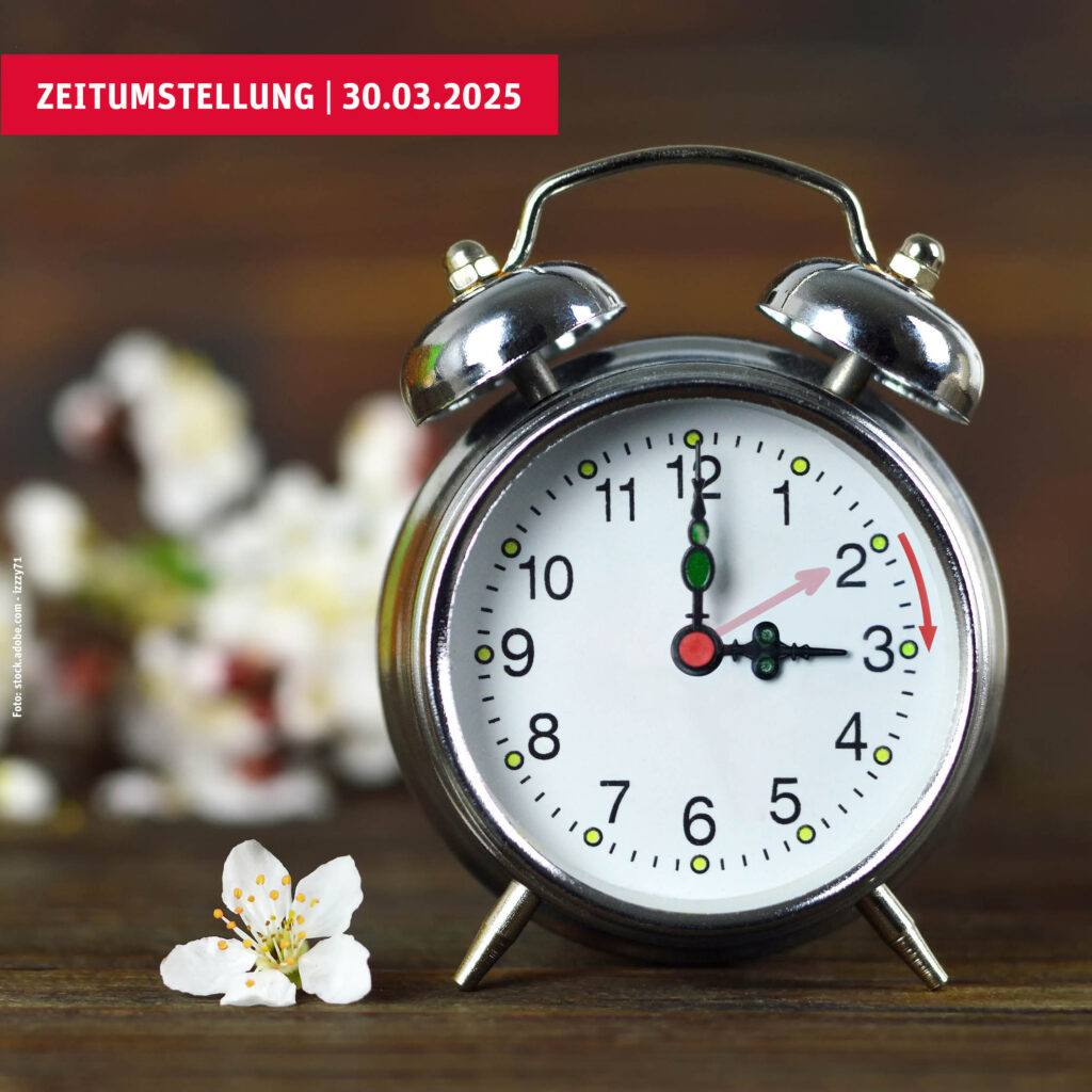 Wecker, bei dem Zeiger auf Ziffernblatt von 2 Uhr auf 3 Uhr wechselt