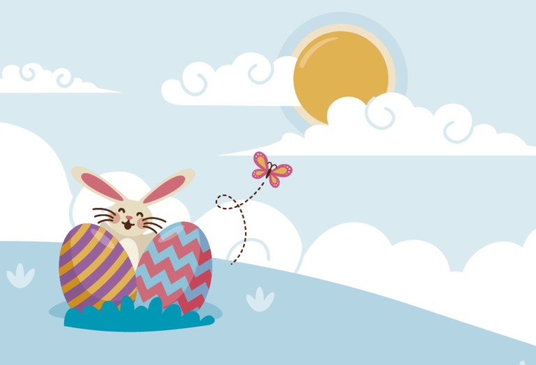 Ein stilisierter Osterhase mit Ostereiern. Im Hintergrund ist die Sonne zu sehen.