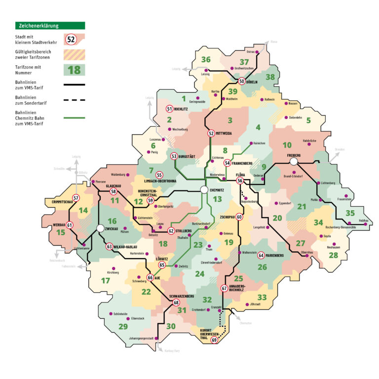 Schematische Darstellung des vereinfachten Tarifzonenplans des VMS