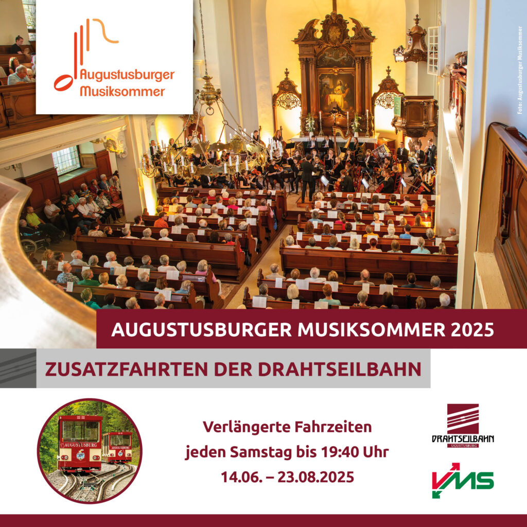 Mit Besuchern gefüllte Stadtkirche zum Augustusburger Musiksommer sowie Bild der Drahtseilbahn Augustusburg