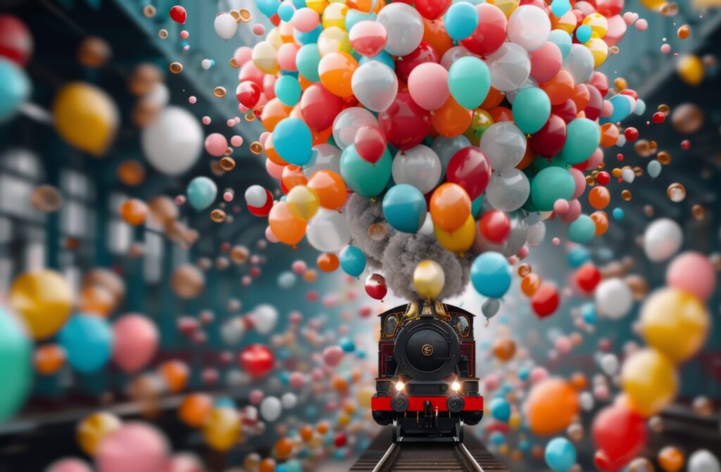 Dampflok, aus der viele bunte Luftballons kommen