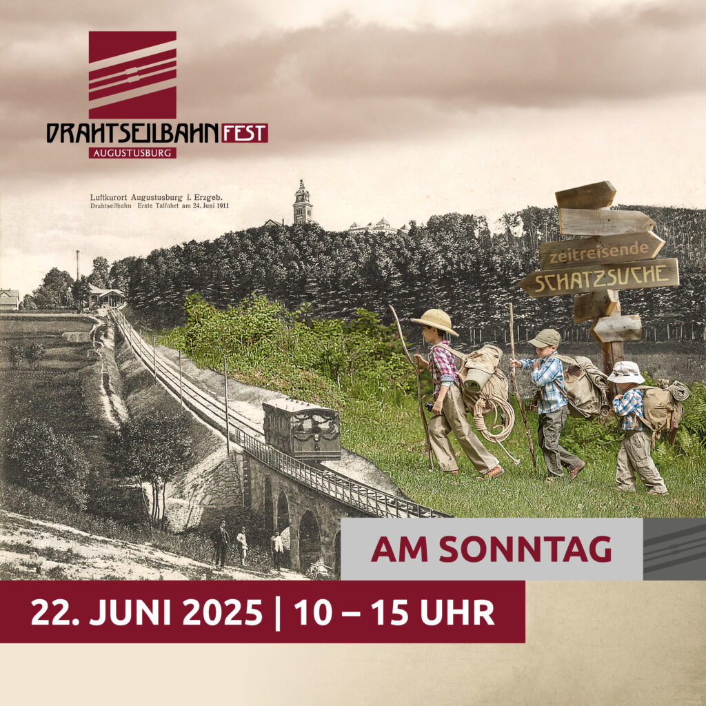 Zeichnung der historischen Drahtseilbahn Augustusburg mit Ankündigung des Drahtseilbahnfestes am 22. Juni 2025 von 10 bis 15 Uhr