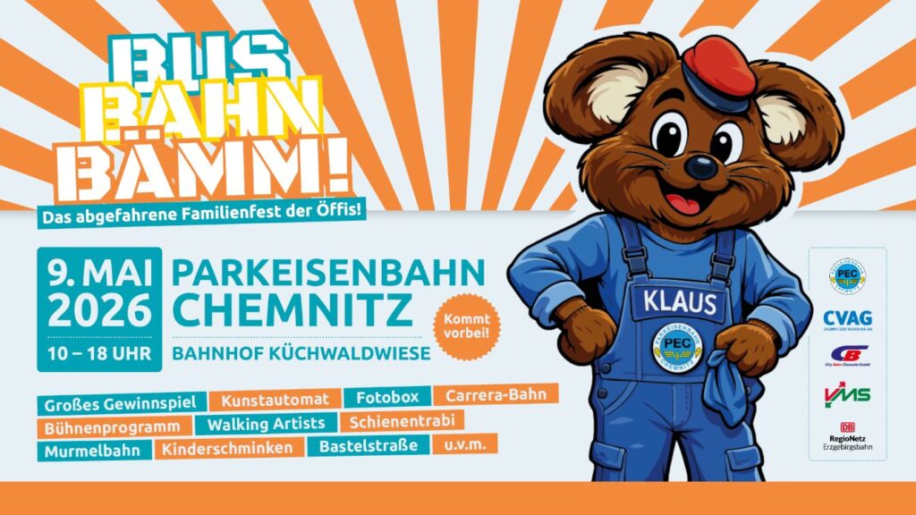Plakatmotiv Parkeisenbahnfest "Bus Bahn Bämm!"