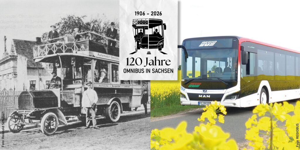 historischer und moderner Bus mit Logo "120 Jahre Omnibus in Sachsen"