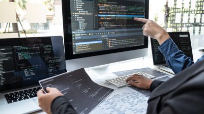Professional Team of programmer working on project in software development computer in IT company office, Writing codes and data code website and coding database technologies on new Application.