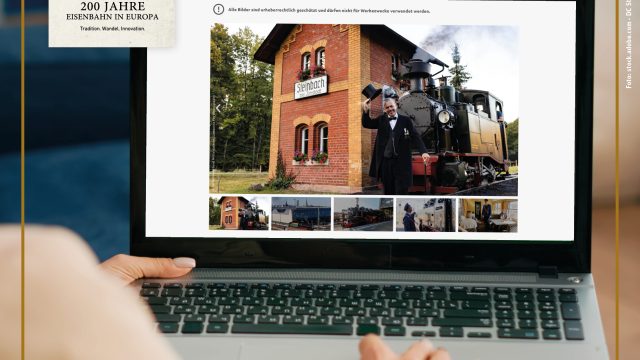 Laptop-Monitor zeigt Bildergalerie zu 200 Jahre Eisenbahn in Europa