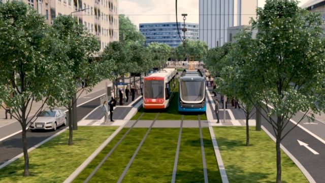 Visualisierung: Citylink und CVAG-Tram halten in der Inneren Klosterstraße in Chemnitz