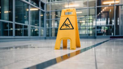Yellow sign on floor that alerts for wet floor.