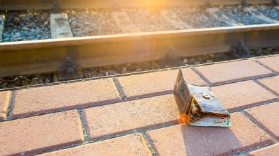 The concept of lost money is a lost leather wallet with money on the sidewalk railroad treck. A brown leather wallet lies on the sidewalk with a copy of the space.